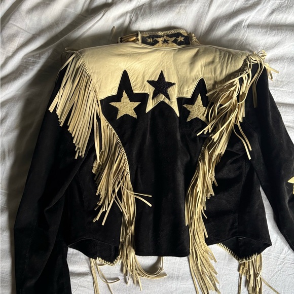 Vintage Star-Studded Black and Cream Fringe Jacket by REN Ellis renegade - Picture 4 of 10